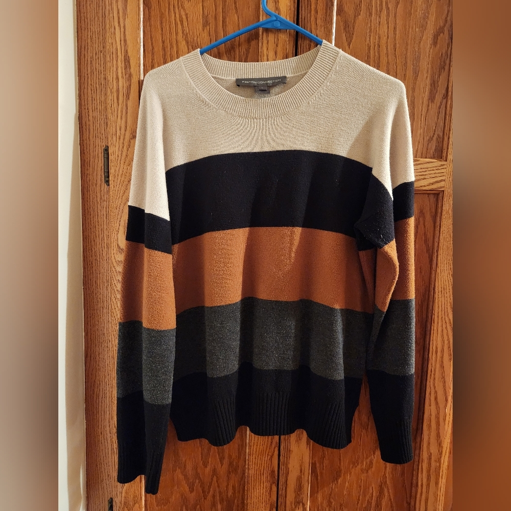 French Connection Striped Black, Brown, and Cream Sweater